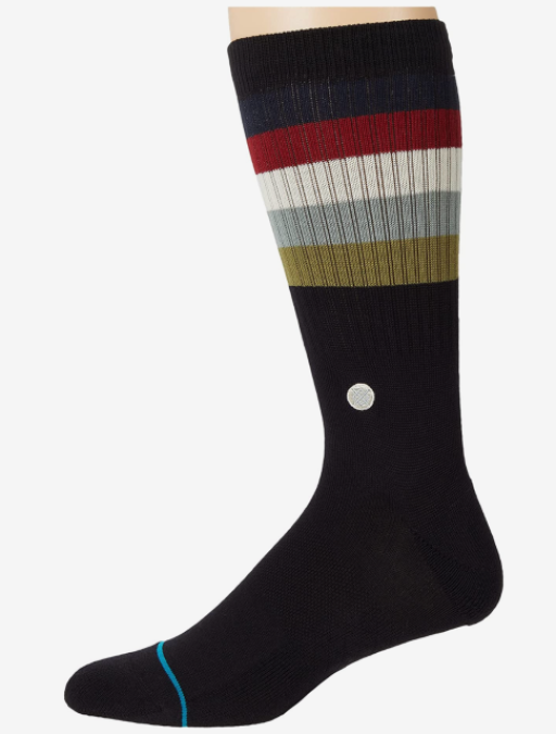 Black socks with a red/white/and grey ribbon on top.