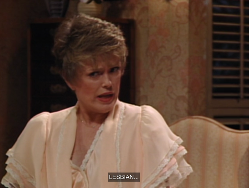 Blanche looks confused in a nightgown as she ponders the word "lesbian"