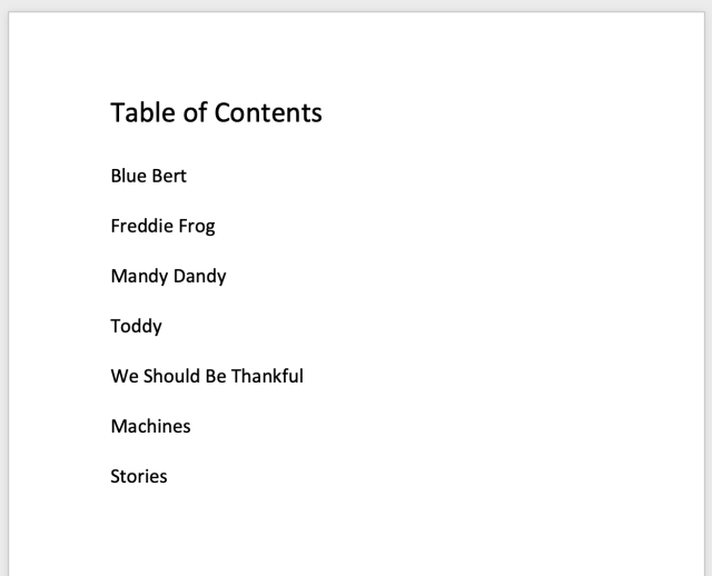 Screenshot of a word document listing a table of contents, including seven fanciful titles