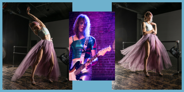 three images of CJ Kitten Miller, the author: in two she wears a long purple tulle skirt and is dancing in a studio alone, in the third she is dressed like Jem and the Holograms and playing a concert