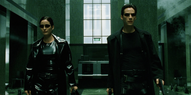 Carrie-Anne Moss and Keanu Reeves in the first Matrix movie