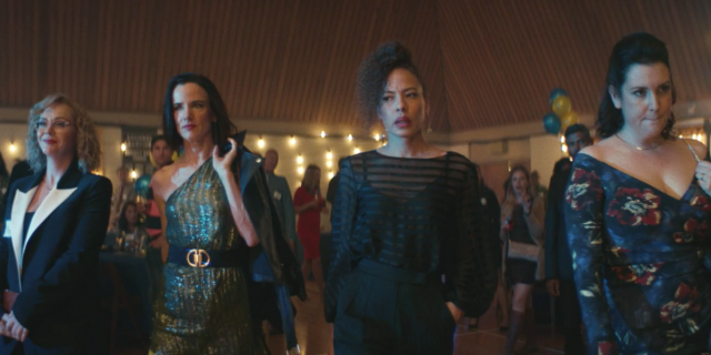 A screenshot of Christina Ricci, Juliette Lewis, Tawny Cypress, and Melanie Lynskey from the Yellowjackets finale