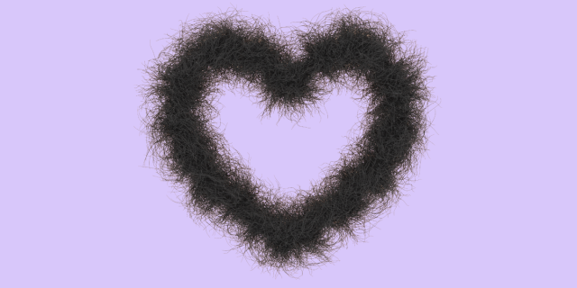 Against a lavender background, a trail of queer pubic hair is in the shape of a heart.