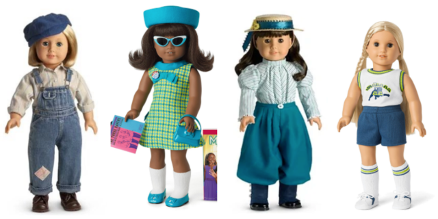 Four American Girl dolls against a white background