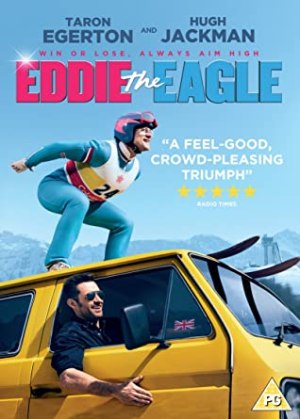 a film poster for Eddie The Eagle showing Eddie practicing his form on top of a yellow car