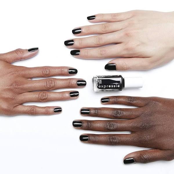 Three hands of different skin tones model the same Black nail polish from Essie