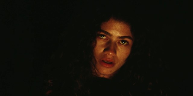 Euphoria recap: Zendaya as Rue looks high as she glances up her face lit by a fire, the rest of her surrounded with darkness.