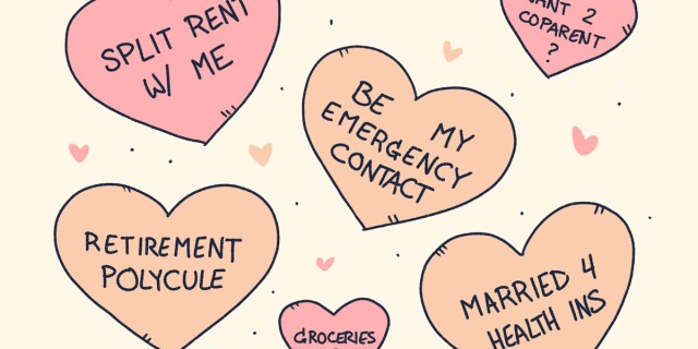 A design of candy hearts that say "split rent with me" and "be my emergency contact" and "retirement polycule"