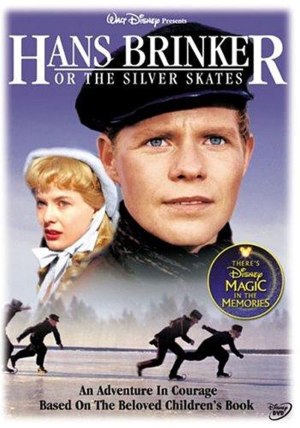a film poster for Hans Brinker or the Silver Skate that shows the face of Hans floating over silhouettes of people skating