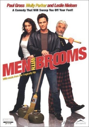 a moview poster for Men With Brooms that shows two guys and a girl trying to look cool with curling brooms