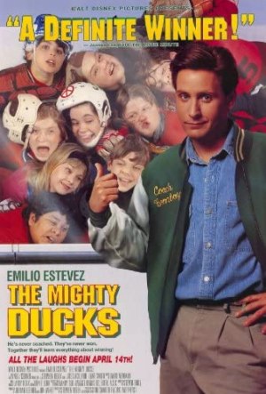 A film poster for the Might Ducks showing Emilio Estevez giving a thumbs up in front of a bunch of young hockey players