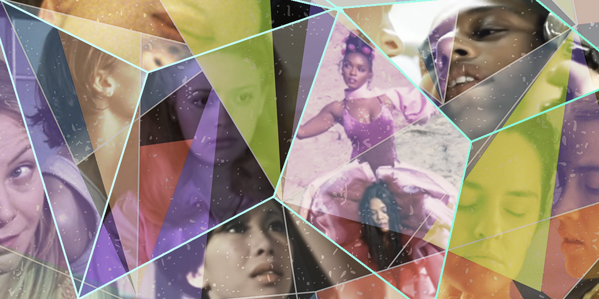 A collage of the best lesbian movies of all time, cut up underneath a kaleidoscope effect of various bright colors, so that its hard to pick out any specific details, instead the finale effect is close ups of faces and body parts.
