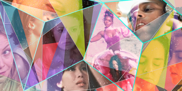 A collage of the best lesbian movies of all time, cut up underneath a kaleidoscope effect of various bright colors, so that its hard to pick out any specific details, instead the finale effect is close ups of faces and body parts.