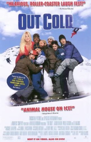 A film poster for Out Cold that shows seven people huddled on one snowboard