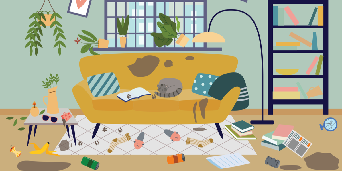 an illustrated drawing of a messy living room