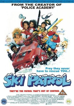 a poster for the movie Ski Patrol that shows a bunch of madcap characters crammed onto a skidoo