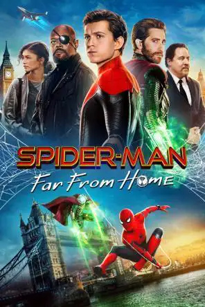The cover of Spider Man: Far From Home. Spider man is on the cover, TWICE, once on top in front of other characters, and on the bottom, zooming away from a villain in front of a bridge.
