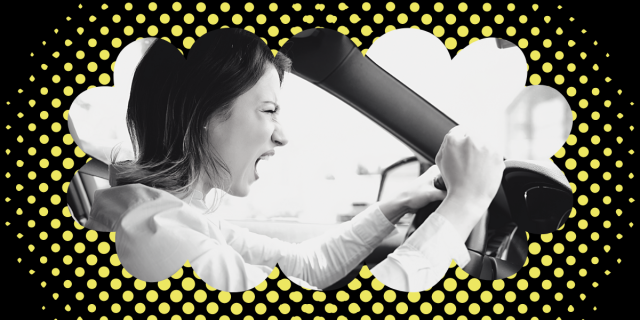 A black and white image of a woman with pale skin and chin-length brown hair driving while screaming is surrounded by a black border with yellow dots and scalloped edges.