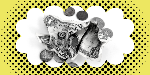A yellow border with black dots and scalloped edges surrounds a black-and-white image a crumpled up dollar bill and loose change.