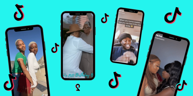 Four phones which show still images from TikTok - A beautiful Black queer couple holding each other in the sunlight, another Black older queer couple dancing at Brunch, A Black person sitting in a car explaining how it feels to use a strap-on and a Black fuller figured queer couple holding each other and coming in for a kiss.