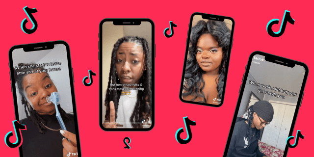 Four phones which show A Black person holding up a toothbrush, A Black person with locs looking into the camera, A Black person with a half up, half down hairstyle, and a Black person typing on a computer.