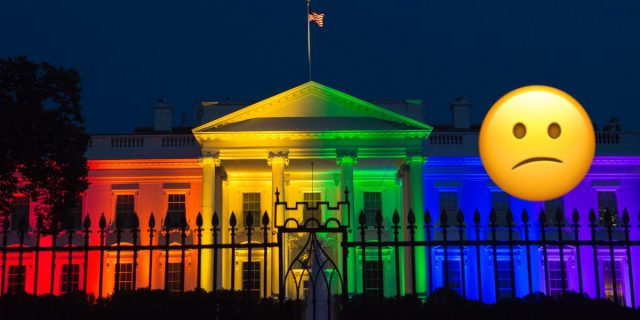 The White House at night in rainbow colors for LGBT Pride, with a confused face emoji layer over it.