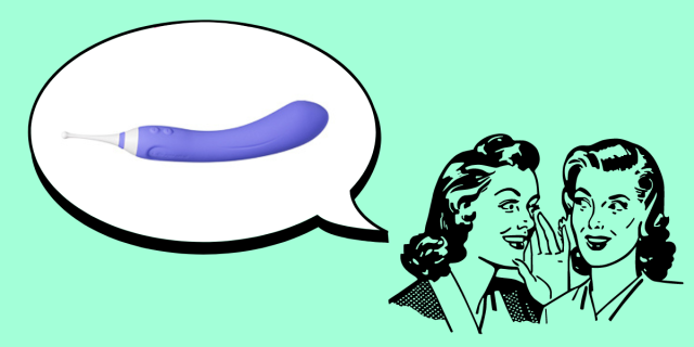 In the bottom right corner, there is a black line drawing of two women with 1950s hair styles whispering to reach other against a teal background. In the upper left corner, there is a speech bubble. Inside the speech bubble, there is an image of a lavender sex toy with a white point on the end.
