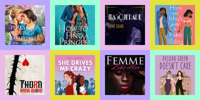 The book covers of Delilah Green Doesn't Care, She Drives Me Crazy, The Perks of Loving a Wallflower, Thorn, How to Find a Princess, Masquerade, Hani and Ishu's Guide to Fake Dating, and Femme Like Her