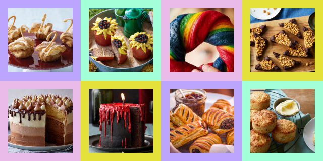 Photo 1: A set of choux pastries shaped like swans. Photo 2: Mini cakes piped to look like sunflowers. Photo 3: A rainbow bagel. Photo 4: A set of triangular pasties. Photo 5: A chocolate layer cake. Photo 6: A chocolate cake with red drippy frosting. Photo 7: A set of savory pastries. Photo 8: A set of savory scones.