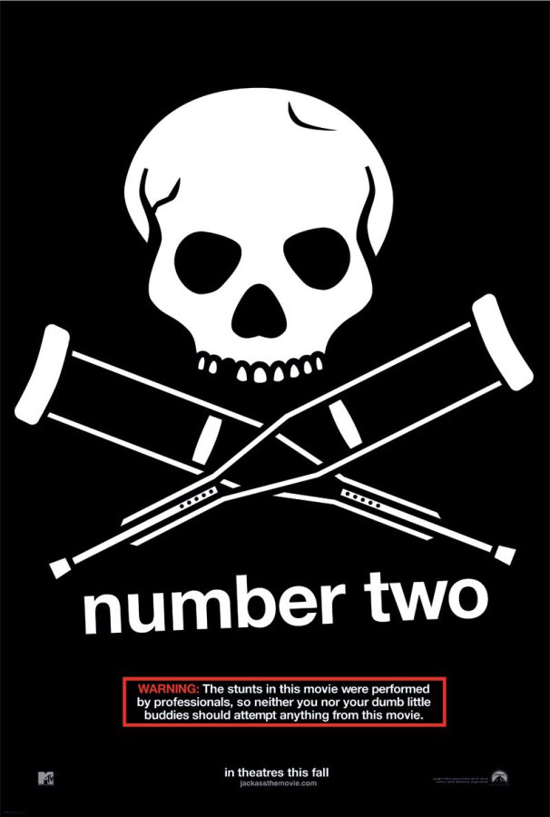 The cover of Jackass: Number Two. There is a skull hovering above two crutches on the cover.