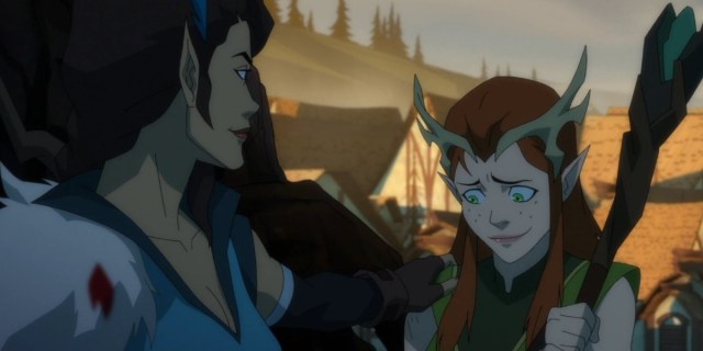 Vex puts her hand on Keyleth's shoulder and Keyleth looks down shyly with a lil smile