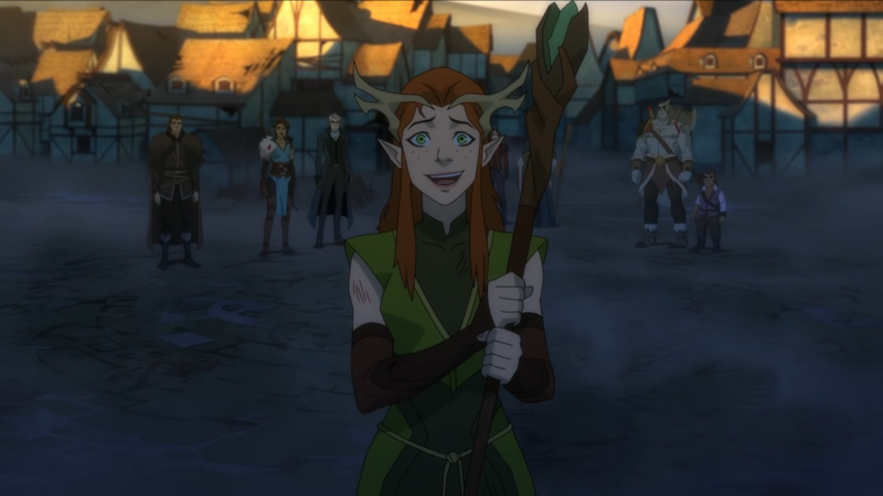 Keyleth smiles up at the Sun Tree, the rest of Vox Machina (sans Pike) behind her