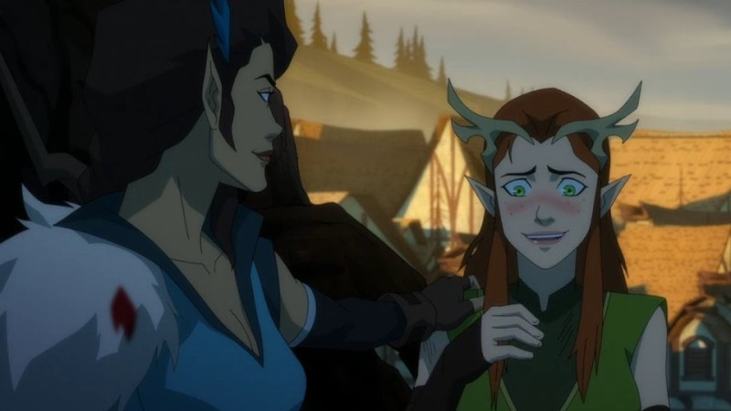Keyleth blushes with Vex's hand on her shoulder