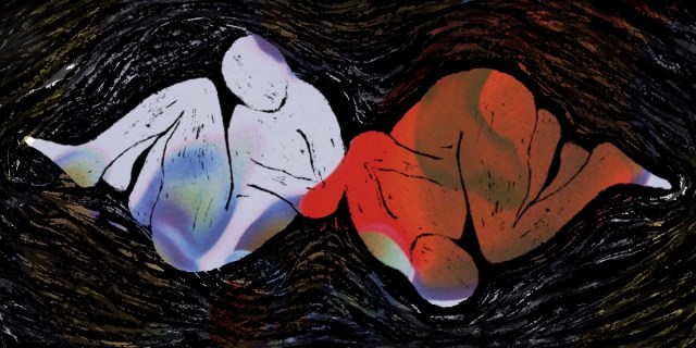 Two drawn bodies curled next to each other against a black background