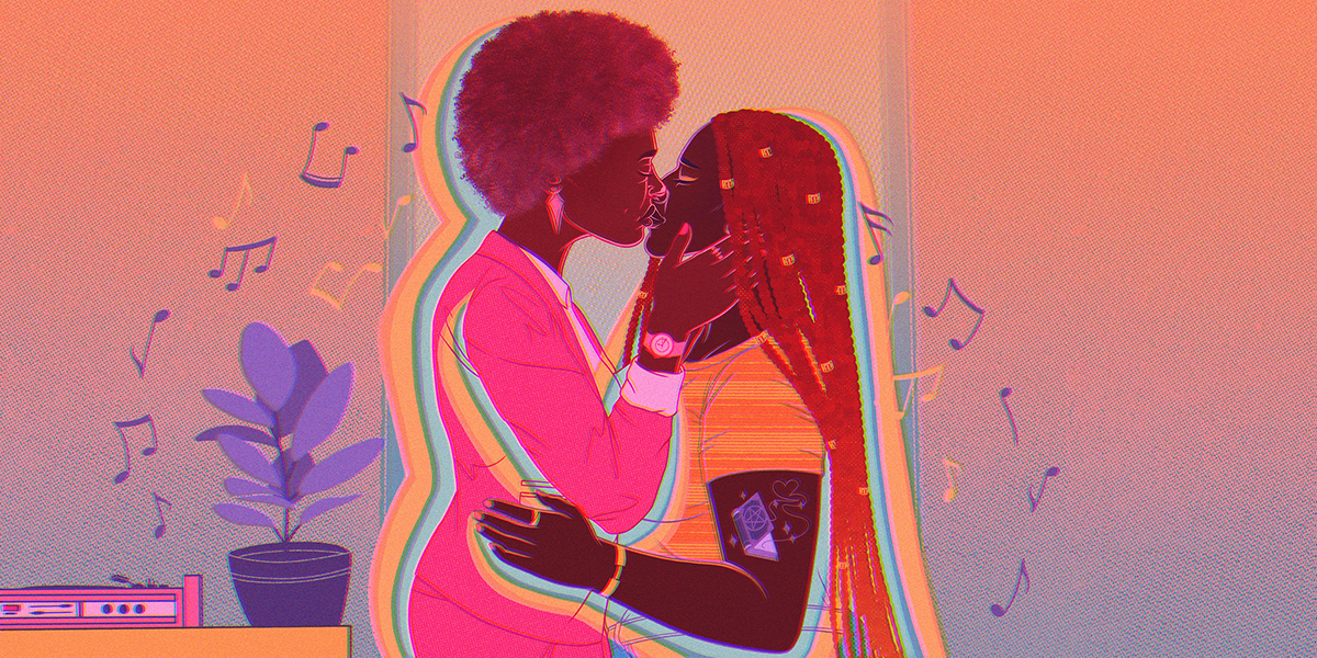 Gigi, a 35 year old Black woman wearing a pink pantsuit, with a gray-flecked afro, kisses Indigo, a younger, shorter, Black woman in her early 20's with dark brown skin, golden-brown waist-length braids. They kiss as bossa nova music, indicated by illustrated floating music notes, plays in the background.