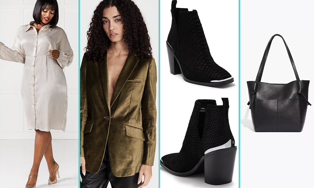 Photo 1: A person wears an off white shiny satin button down dress. Photo 2: A person wears an olive green velvet blazer with no shirt underneath. Photo 3: A pair of heeled black ankle boots. Photo 4: A black leather tote bag.