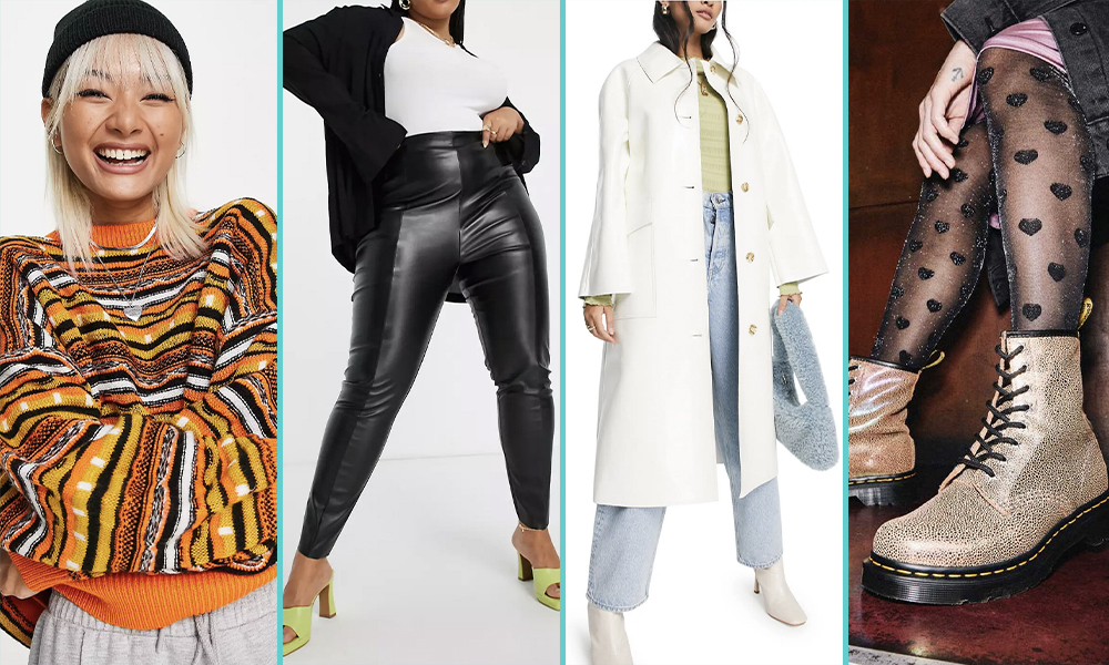 Photo 1: A person smiles while wearing an orange, black, and white striped oversized sweater; Photo 2: A person wears high waisted black form-fitting pleather pants with a white shirt tucked in and a black cardigan. Photo 3: A person wears a long white collared trench coat over jeans and a green top. Photo 4: A pair of legs with heart nylons sport a pair of glittery brown lace-up boots