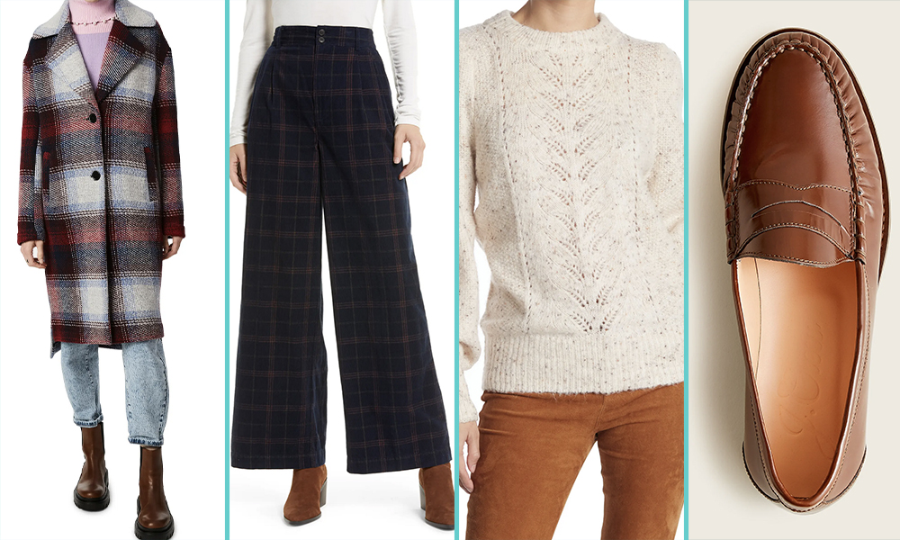 Photo 1: A person wears a red, off white, and gray plaid overcoat over a purple shirt and lightwash jeans. Photo 2: A pair of plaid pleated courduroy wide leg pants in navy. Photo 3: A cream colored knit sweater over brown pants. Photo 4: A brown loafer