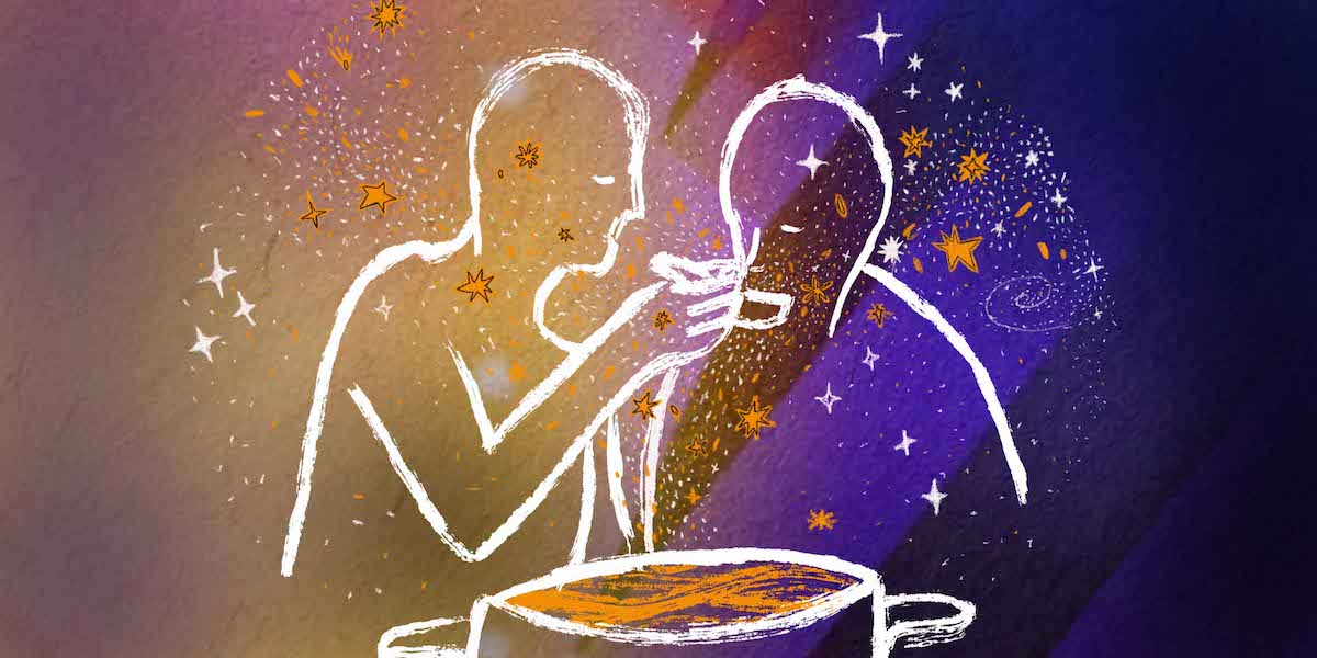 A white sketched outline of two people are crouched over a soup pot. One is feeding the other.