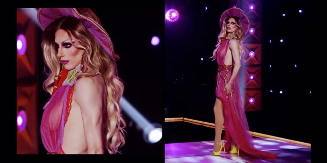 drag race recap 1406: A split screen of two images of Jasmine Kennedie on the runway in an homage to Samantha from Sex and the City 2.