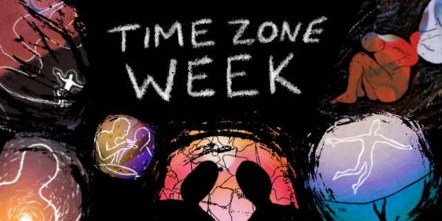 Hand drawn images of human-like figures float around the words Time Zone Week in chalk against a black bacgkround