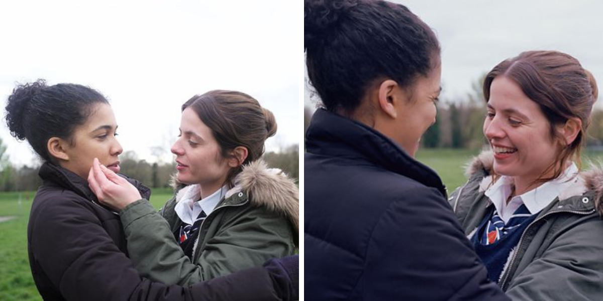 Photo 1: Two girls embrace outdoors. The one on the right is touching the one on the left's face. Photo two: Two girls look at each other while embracing outdoors. They are both smiling.