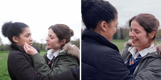Photo 1: Two girls embrace outdoors. The one on the right is touching the one on the left's face. Photo two: Two girls look at each other while embracing outdoors. They are both smiling.