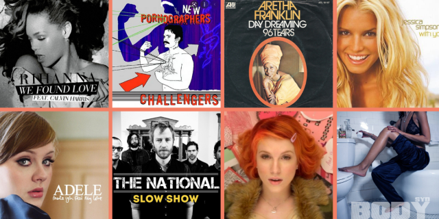 Artwork for "We Found Love" by Rihanna, "Challengers" by New Pornographers, "Day Dreaming" by Aretha Franklin, "With You" by Jessica Simpson, "Make You Feel My Love" by Adele, "Slow Show" by The National, "The Only Exception" by Paramore, and "Body" by Syd