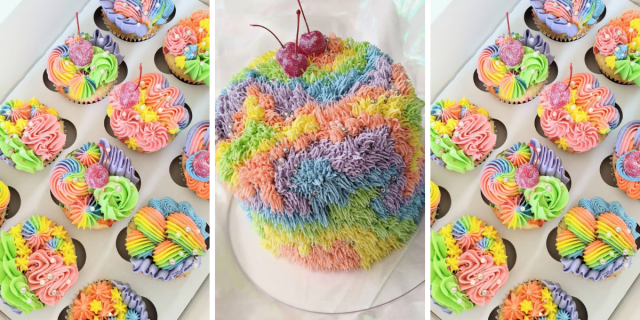 Cupcakes and a cake are decorated in a queer pastel rainbow color scheme