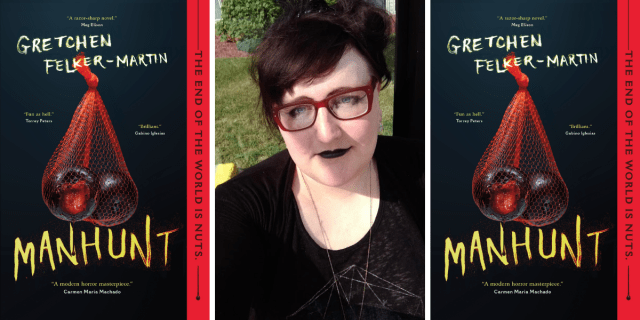 The author Gretchen Felker-Martin. She is wearing red framed glasses and black lipstick and her hair is short and dark brown. On either side of her is the cover of her new novel Manhunt.
