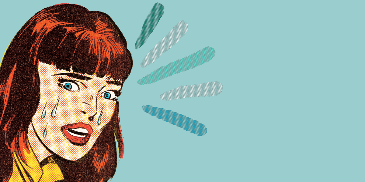 A pop art cartoon of a woman with red hair and bangs cries with her mouth open