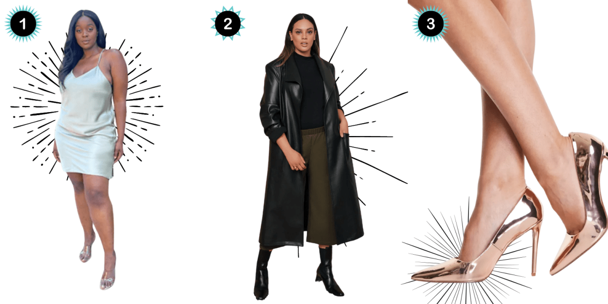 Photo 1: A Black woman wears a soft green slip dress. Photo 2: A black leather trench coat. Photo 3: A pair of gold heels.
