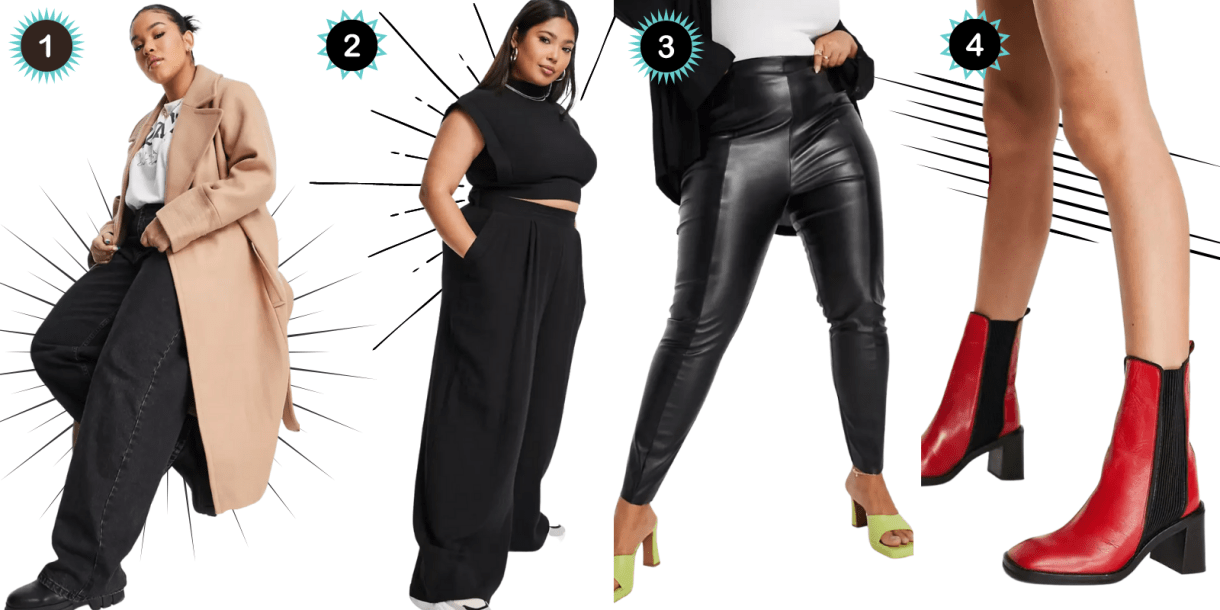 Photo 1: A camel trench coat. Photo 2: A black sleeveless turtleneck top. Photo 3: A pair of black leather-look pants. Photo 4: A pair of red and black leather boots with a heel.
