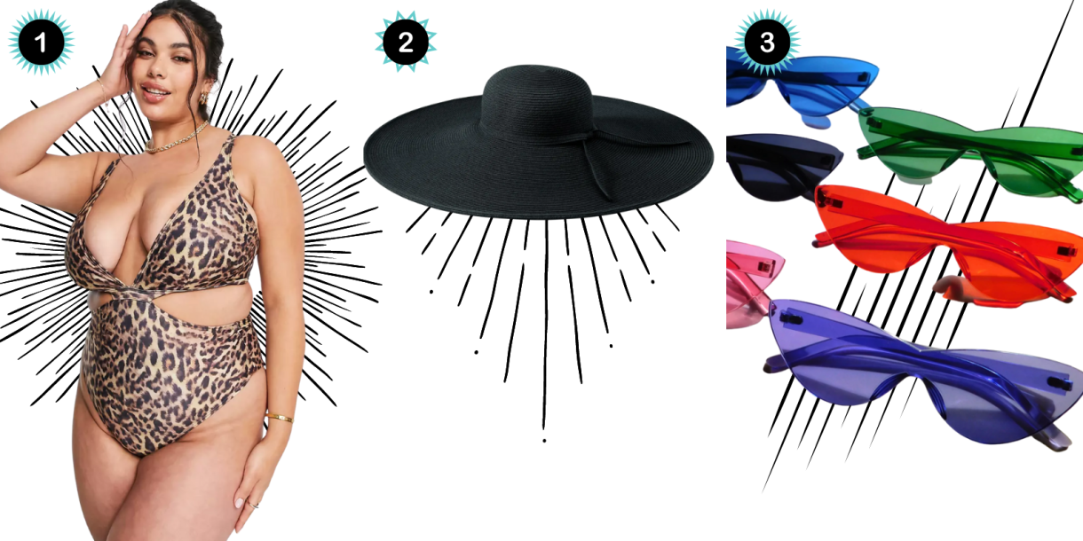 Photo 1: A leopard print one-piece bathing suit with cutouts. Photo 2: A black wide brimmed beach hat. Photo 3: Multicolored cat eye sunglasses.